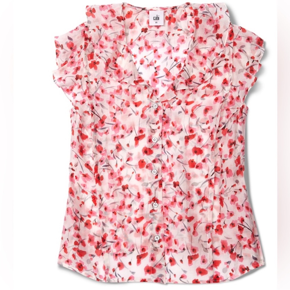 CABI besotted ruffle top pink red floral style 6510 -M